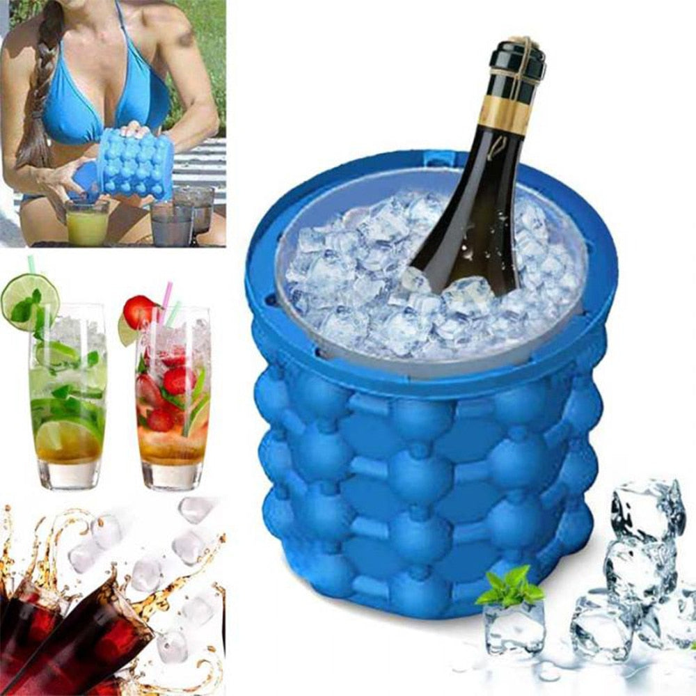 Ice Cube Mold Ice Trays, Large Silicone Ice Bucket, (2 in 1) Portable Round Ice Cube Maker