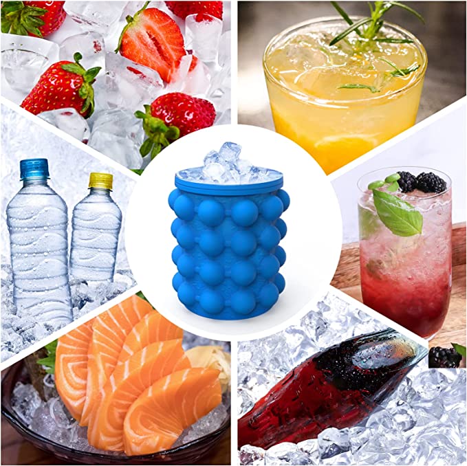 Ice Cube Mold Ice Trays, Large Silicone Ice Bucket, (2 in 1) Portable Round Ice Cube Maker