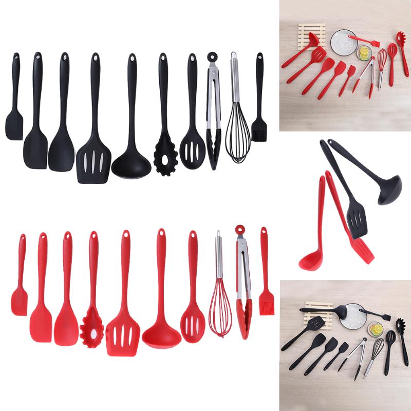 10pcs/set Kitchen Utensils Set Silicone Cooking Utensil Non-stick Spatula Ladle Slotted Spoon Tongs Pasta Fork Cooking Tools
