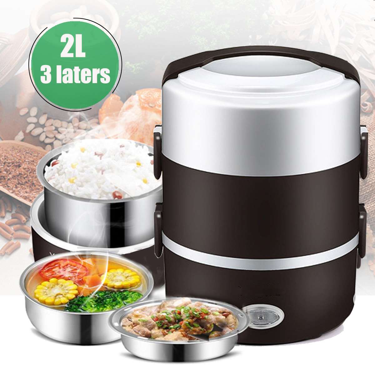 2L 3 Layer Portable Lunch Box Mini Electric Rice Cooker Steamer Meal Thermal Heating Automatic Food Container Warmer Cooking Pot
