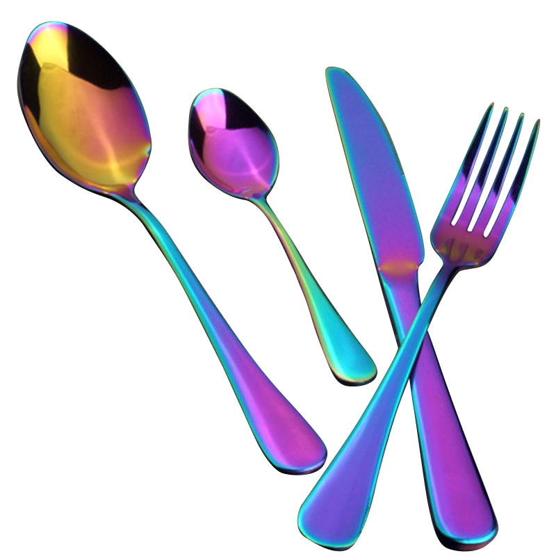 4pcs/Set Rainbow Tableware Stainless Steel Cutlery Dinner Knife Fork Teaspoon Xmas Dinnerware Dinner Set Kitchen Accessories