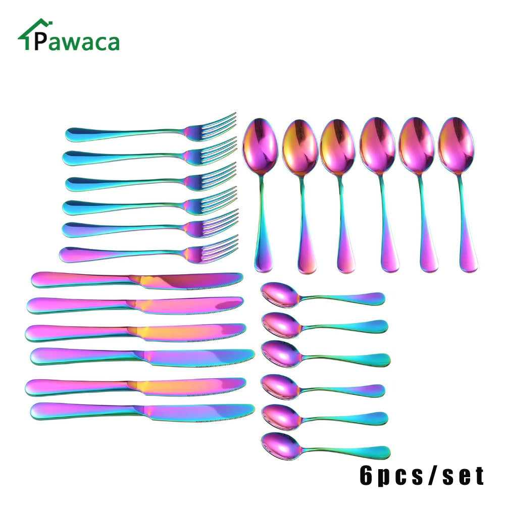6Pcs/set Rainbow Tableware Stainless Steel cutlery set Knife Fork Scoops Dinnerware Set Dinner Set Kitchen Accessories