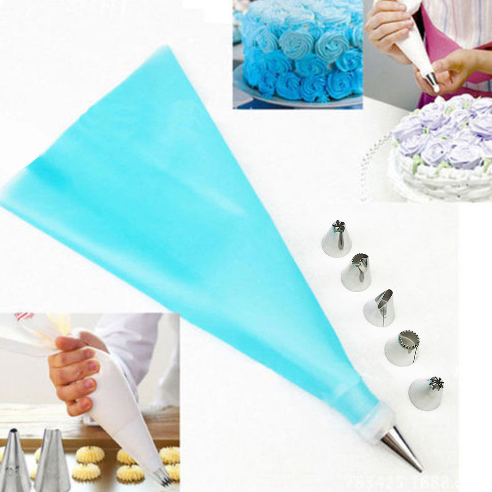 8 PCS/Set Silicone Icing Piping Cream Pastry Bag + 6 Stainless Steel Nozzle Set DIY Cake Decorating Tips Bakeware Utensil