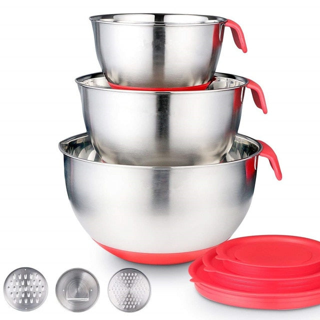 Stainless Steel Non-Slip Mixing Bowls with Grater Attachments Pour Spout Handle