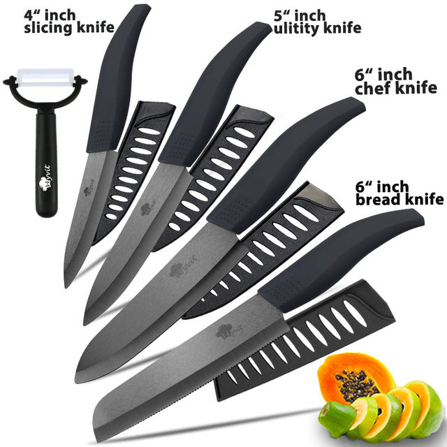 Ceramic Knife 3 4 5 inch + 6 inch Kitchen Knives Serrated Bread Set +Peeler Zirconia