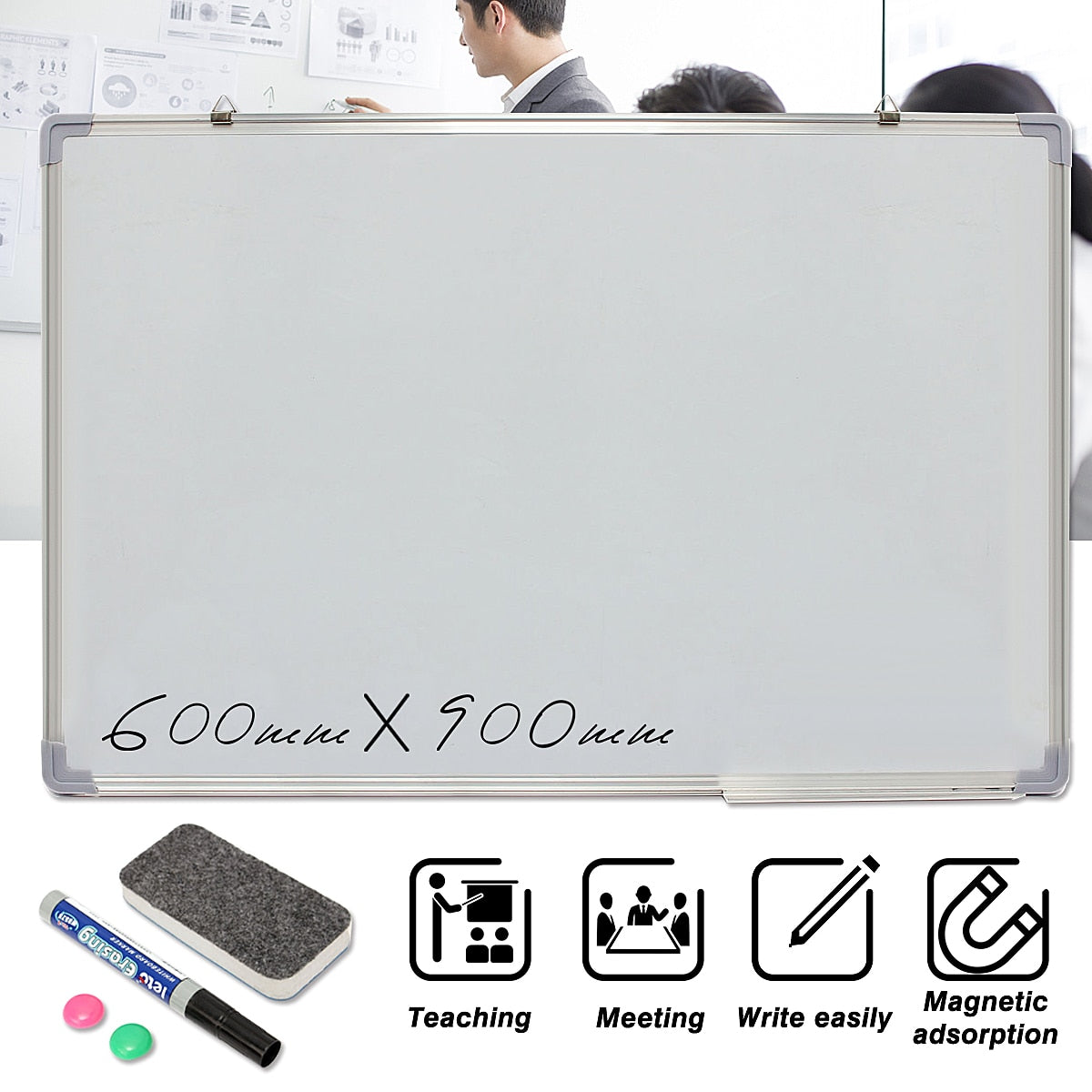Kicute 600x900MM Magnetic Dry Erase Whiteboard Writing Board Double Side With Pen Erase Magnets Buttons For Office School