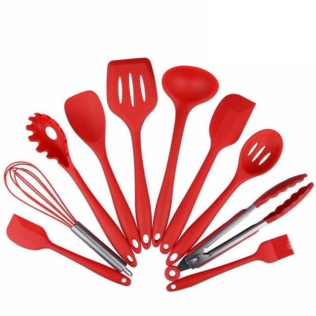 Kitchen Utensils Cooking Set  Includes 10 Pieces Non-stick Cookware  Spaghetti Server, Soup Ladle, Slotted Turner, Whisk