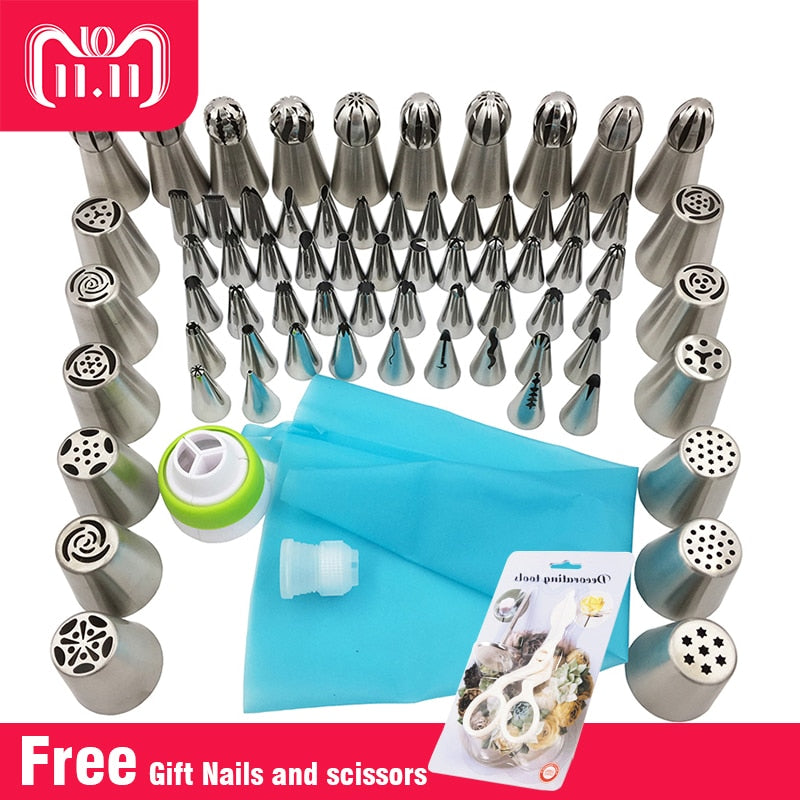 Medjelio 70Pcs Russian Tulip Nozzle Bakeware Icing Piping Tips Baking Pastry Cake Decorating Tools 1 pcs silicone bag 2 coupler