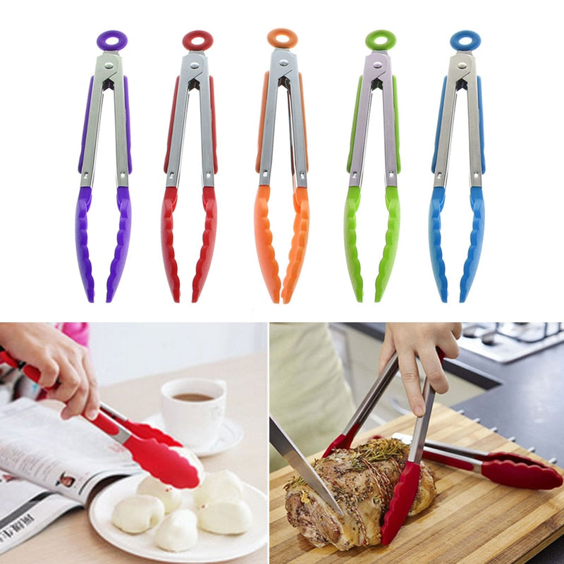 Silicone Kitchen Cooking Salad Serving BBQ Tongs Stainless Steel Handle Utensil random color Drop shipping